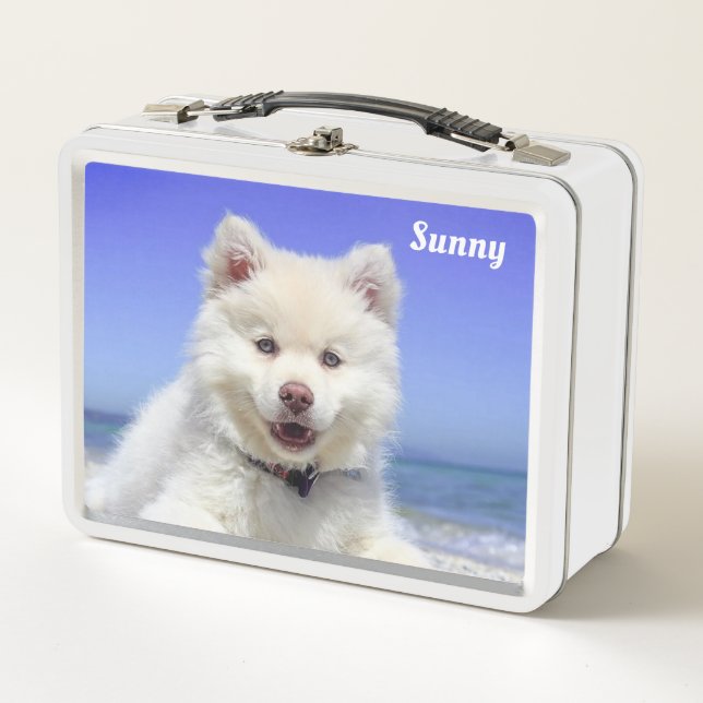 Lunch Box Chien Samoyède blanc sur fond bleu clair (Devant)
