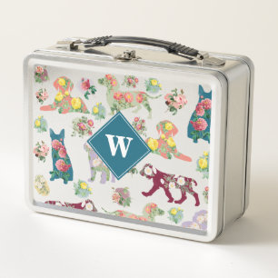 Lunch Box Chiens Motif et Vintage Aquarelle Fleurs Monogramm