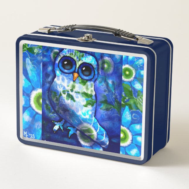Lunch Box Chouette Abstraite lunaire bleu vert floral (Devant)