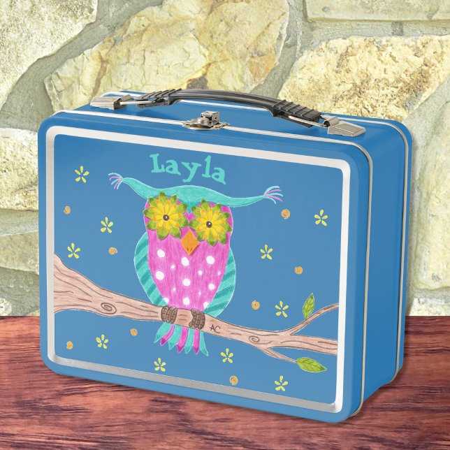 Lunch Box Chouette aux yeux fleuris boîte à lunch en métal (Cute owl personalized kid lunchbox . Choose your favorite color ! )