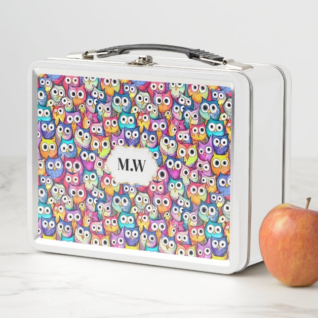 Lunch Box Chouette face Doodle motif oiseaux monogramme init (En situation)