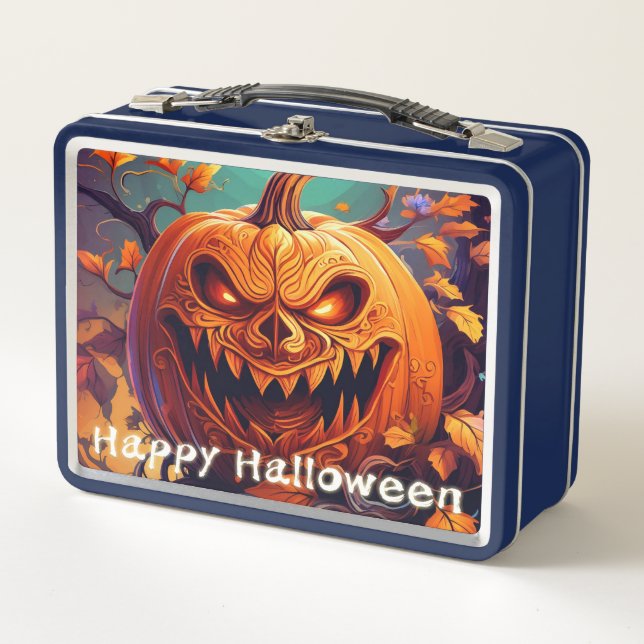 Lunch Box Citrouille orange effrayante avec visage, Hallowee (Devant)