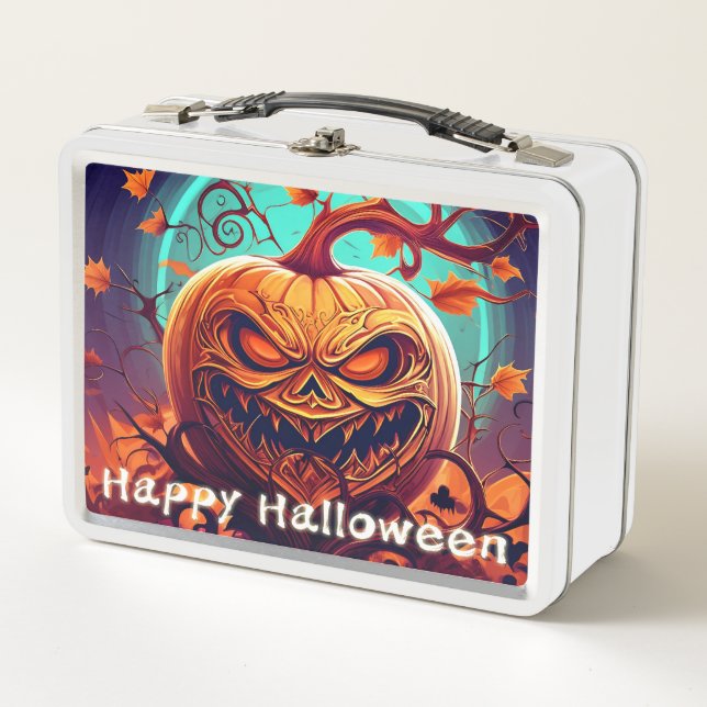 Lunch Box Citrouille orange effrayante avec visage, Hallowee (Devant)