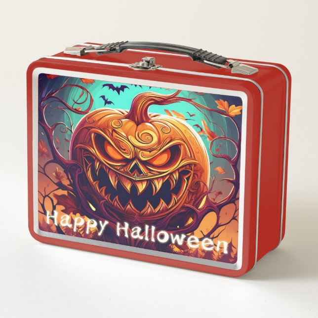 Lunch Box Citrouille orange effrayante avec visage, Hallowee (Devant)