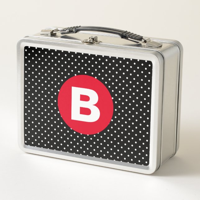 Lunch Box Classique pois noir et blanc avec monogramme rouge (Devant)