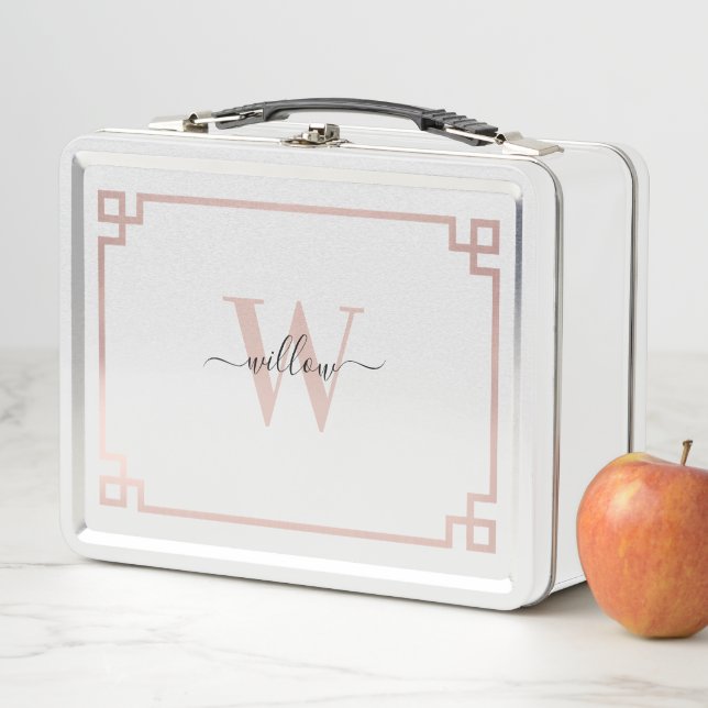 Lunch Box Clé grecque blanche et Rose rose or Monogramme (En situation)