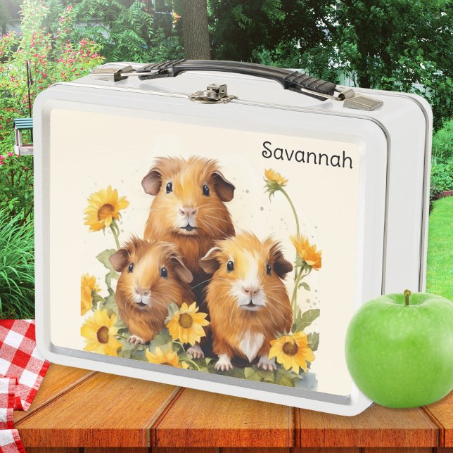 Lunch Box Cochons d'Inde Fleurs Jolies Animaux de Compagnie  (A personalized metal lunch box with watercolor-style illustration of three cute guinea pigs)
