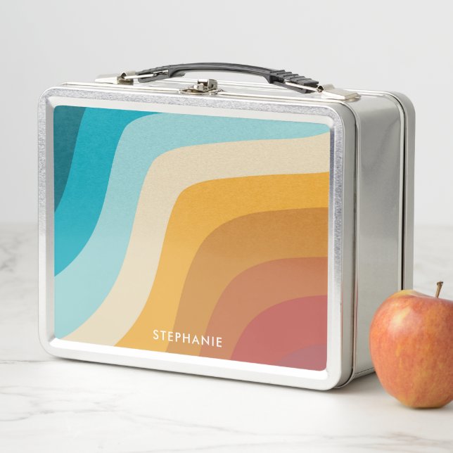 Lunch Box Coloré Retro Rainbow Waves Personnalisé (En situation)