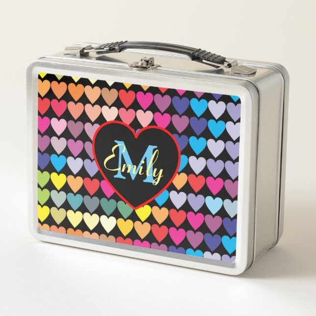 Lunch Box Colorful Rainbow Hearts Pattern Personalised  (Devant)