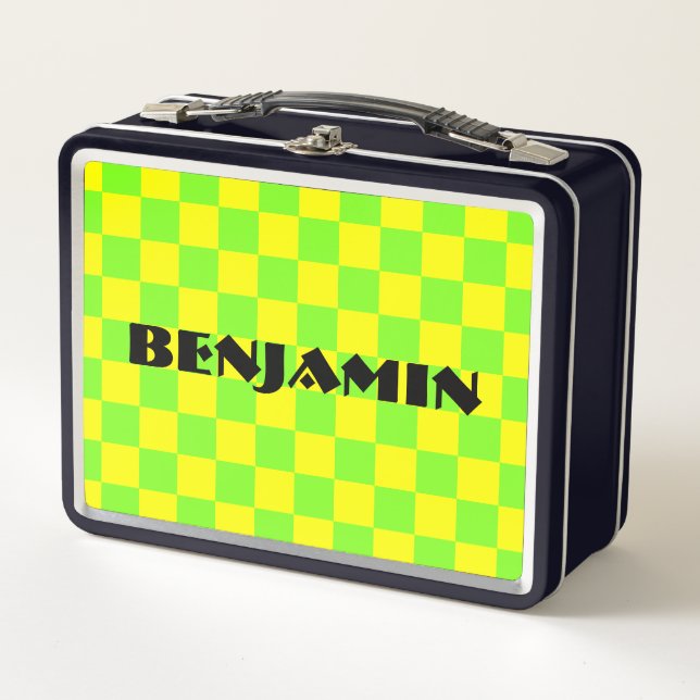 Lunch Box Conception damier vert et jaune des années 90 (Devant)
