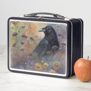 Lunch Box Corbeau peint à la main avec Fleurs sauvages