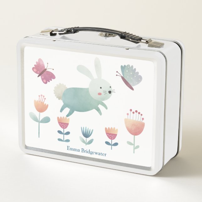 Lunch Box Couleur d'eau mignonne Lapin & fleurs Personnalisé (Dos)