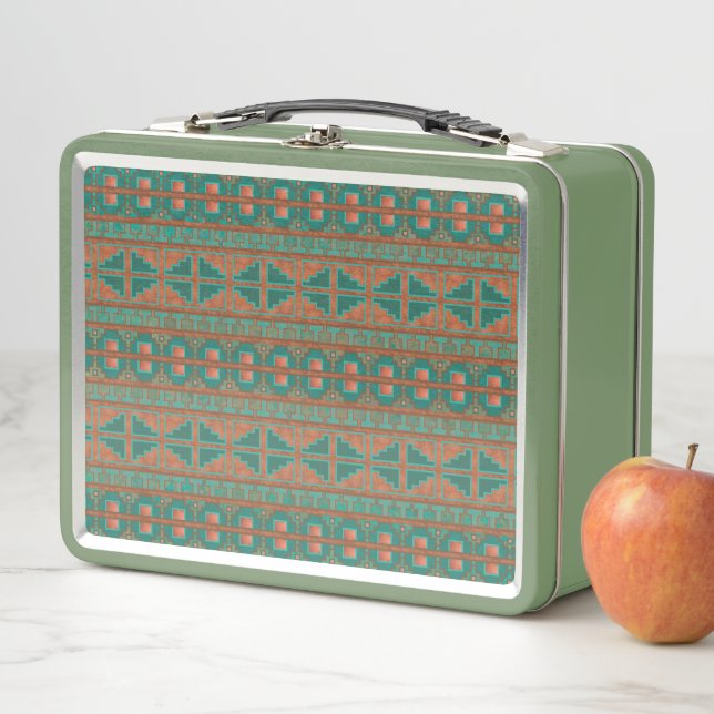 Lunch Box Couleurs en cuivre Turquoise sud-ouest Motif géomé (En situation)