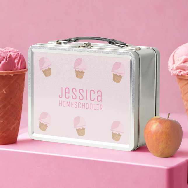 Lunch Box Crème de glace rose Cone Girl's School Metal Lunch (Just add your name to this cute metal lunch box!)