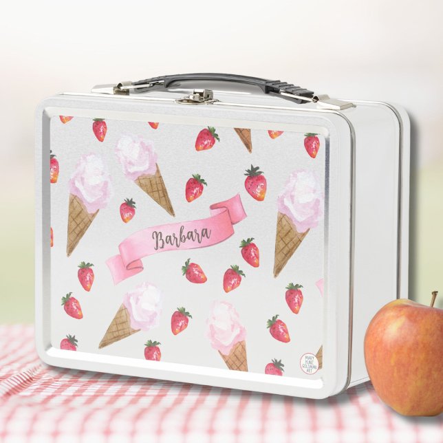 Lunch Box Crème glacée aux fraises dessinée à la main rose F (This hand-illustrated ice cream school lunch box promises that something yummy is inside!)