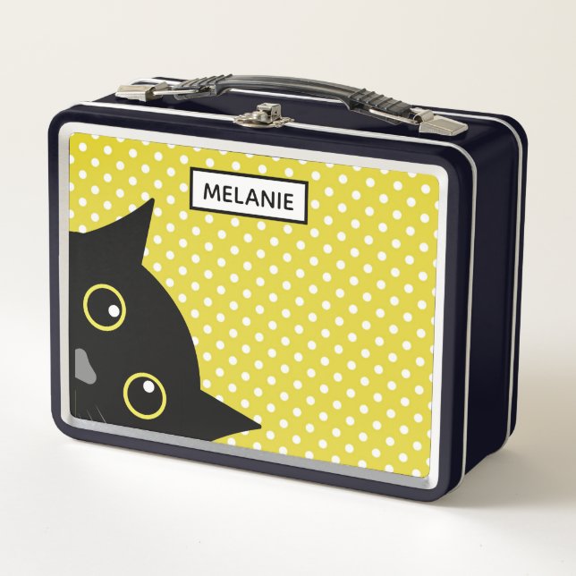 Lunch Box Curieux Chat Noir Polka Jaune Point Personnalisé (Devant)