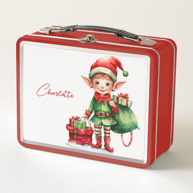 Lunch Box Custom Name Christmas elf with a sack of gifts (Devant)