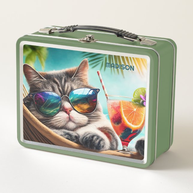 Lunch Box Custom Name Vacation Cat (Devant)