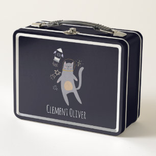 Lunch Box Cute Astronaut gris Chat Nom personnalisé