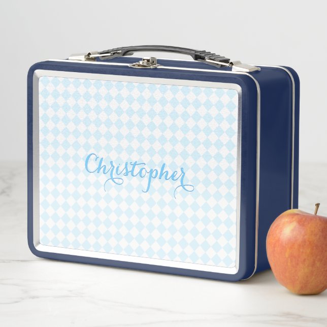 Lunch Box Cute Blue À damiers Monogramme Kids Boys School (En situation)