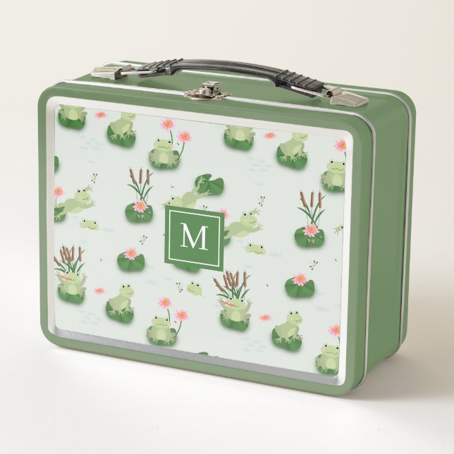 Lunch Box Cute Frogs in Lily Pond Monogrammed Initial (Devant)