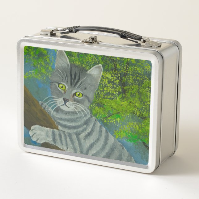 Lunch Box Cute Grey Stripe Vert yeux Chat grimpe un arbre (Devant)