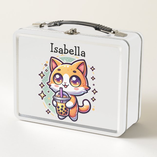 Lunch Box Cute Kawaii Kitten avec thé à bulle Personnalisé (Devant)