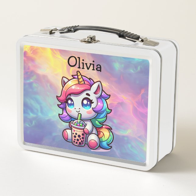 Lunch Box Cute Kawaii Unicorne avec thé bulle Personnalisé (Devant)