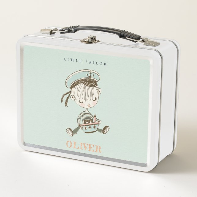 Lunch Box Cute Modern Aqua Blue Boys Little Sailor Nautical (Devant)