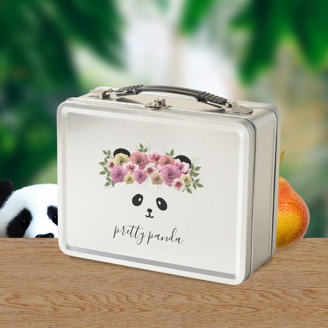 Lunch Box Cute Panda Bear Girl Floral Metal Boîte à lunch (A pretty panda bear with flowers in her hair. Just add your name to this cute metal lunch box)