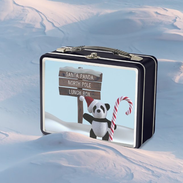 Lunch Box Cute Panda Ours Pôle Nord Enfants Cadeau de Noël (A cute panda bear carrying a candy cane & wearing a Santa Hat. Just add your name to this lunch box)