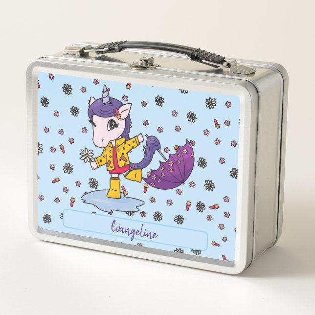 Lunch Box Cute personnalisée et simple bleu floral Unicorne (Devant)
