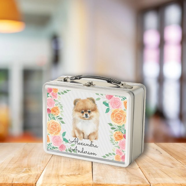 Lunch Box Cute Pomeranian avec monogramme de fleurs d'aquare (Créateur téléchargé)