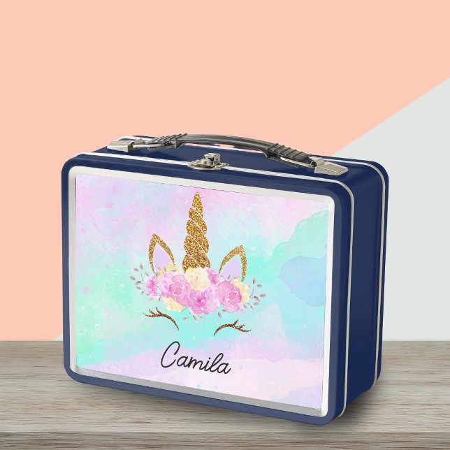 Lunch Box Cute Unicorne Et Aquarelle Abstraite Monogrammé (Créateur téléchargé)