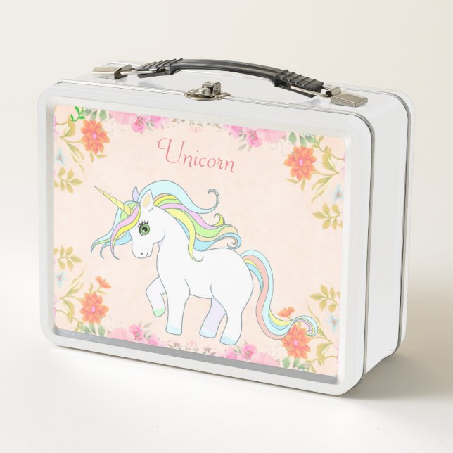 Lunch Box Cute Unicorne & Fleurs sur rose clair (Devant)