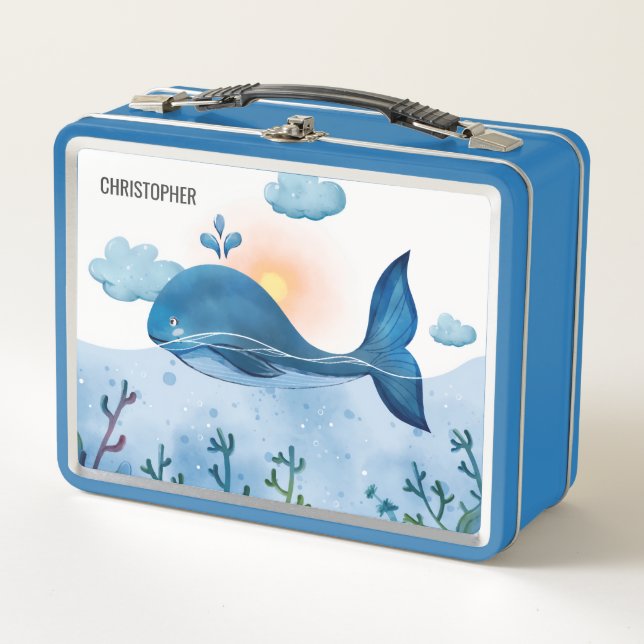 Lunch Box Cute Watercolor Blue Whale and Ocean Waves  (Devant)