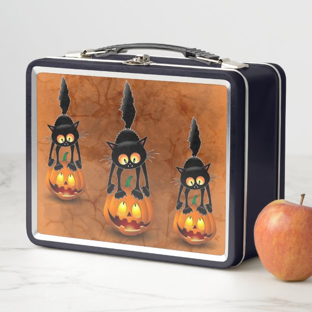Lunch Box Dessin d'Halloween au chat effrayé sur Citrouille (En situation)