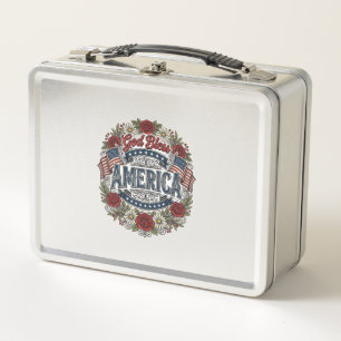 Lunch Box Dieu Bénisse l'Amérique Floral Patriotique Vintage