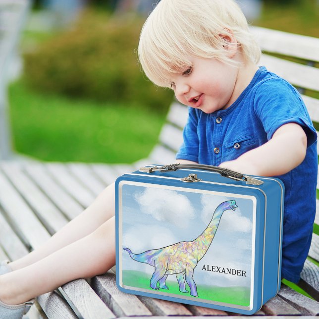 Lunch Box Dinosaure Brachiosaure ajouter Nom (Colorful dinosaur custom name blue lunchbox ideal for kindergarten or school)