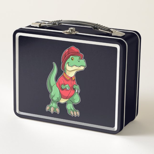 Lunch Box Dinosaure comme pompier avec casque d'incendie (Devant)