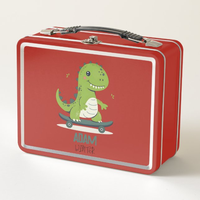 Lunch Box Dinosaure De Skateboard Amusant Avec Nom Enfants (Devant)