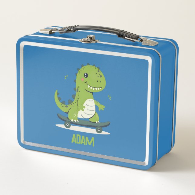 Lunch Box Dinosaure De Skateboard Amusant Avec Nom Enfants (Devant)