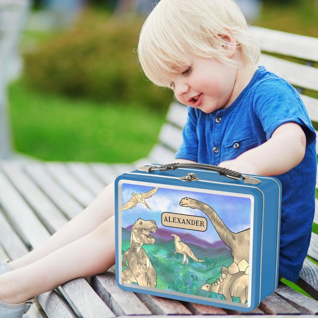 Lunch Box Dinosaures avec des noms personnalisés (Dinosaur custom name lunchbox ideal for kindergarten or school with T-Rex brontosaurus stegosaurus )
