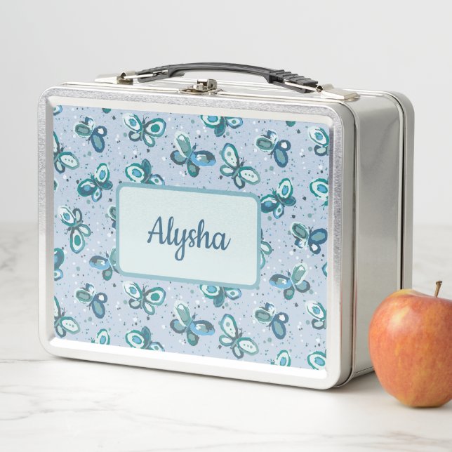 Lunch Box Doodle Bugs Papillons - bleu - enfants motif. (En situation)