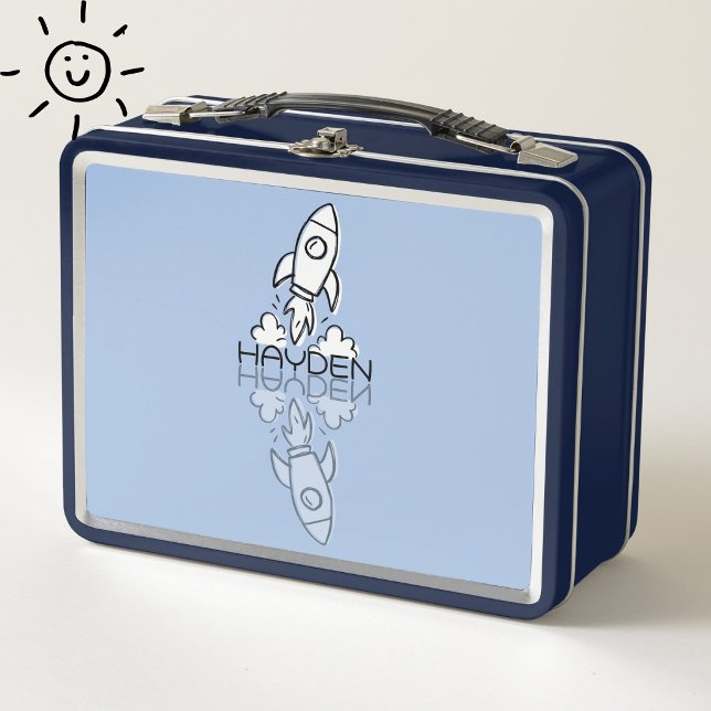 Lunch Box Doodle de fusée bleue mignonne avec nom personnali (Créateur téléchargé)