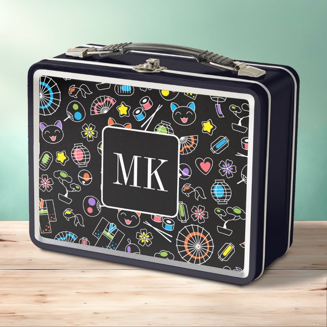 Lunch Box Doodles japonais Kawaii sur initiales de monogramm (Créateur téléchargé)