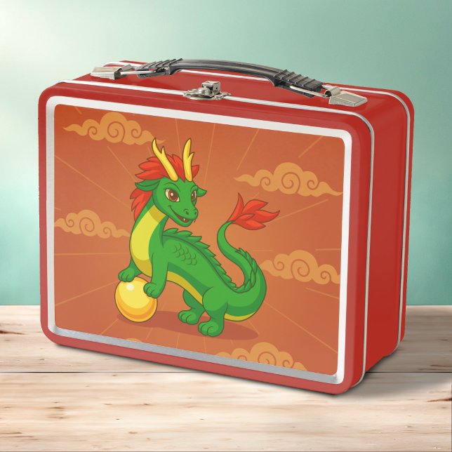 Lunch Box Dragon Chinois Vert sur Fond Rouge (Créateur téléchargé)