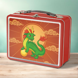 Lunch Box Dragon Chinois Vert sur Fond Rouge