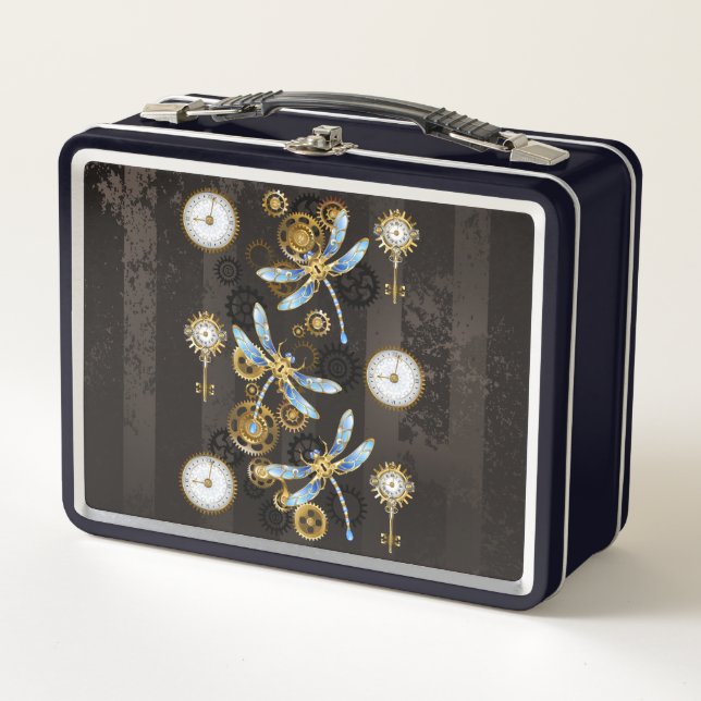 Lunch Box Dragonflies de Steampunk sur arrière - plan rayé b (Devant)
