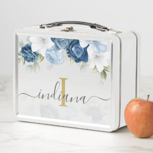 Lunch Box Dusty Blue Watercolor Floral Monogramme Nom du scr